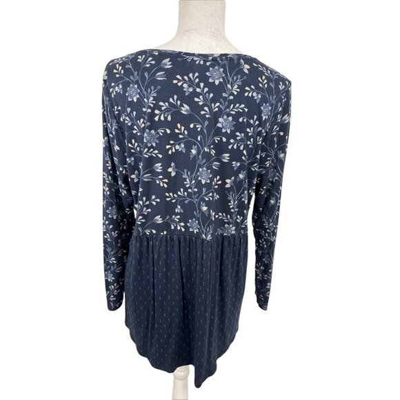 J Jill Women's L Petite Mixed Print Knit Peasant Pleated Top Blue Floral - Picture 2 of 10